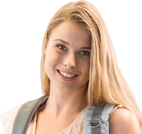 Smiling college student with backpack isolated transparent background