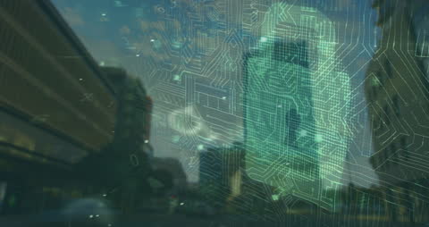 Digital Data Flow Over Cityscape Interface