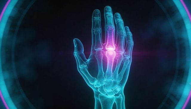 Translucent skeletal hand highlighting inflamed knuckle in neon hud medical visualization