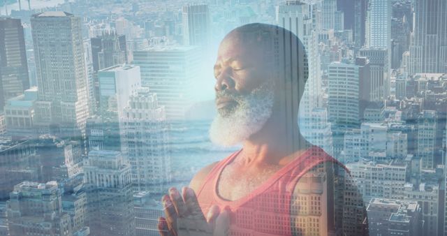 Serene Elderly Man Meditating in Busy Urban Environment - Download Free Stock Images Pikwizard.com