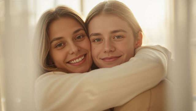Two women embracing by sunlit window wearing neutral sweaters, warm soft backlit portrait