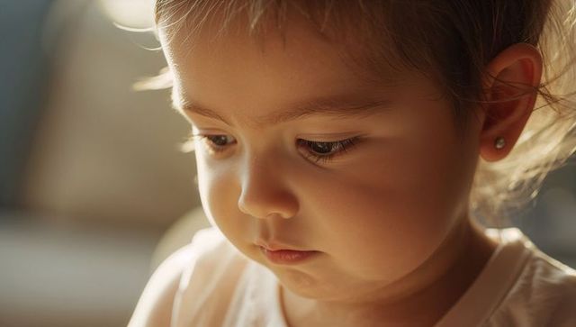 Soft-lit toddler girl gazing downward, contemplative portrait in warm pastel tones, with gentle boke