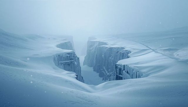 Revealing deep glacial crevasse slicing through snow-swept plateau with sheer ice cliffs