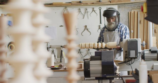 Bearded Craftsman Working on Lathe in Woodworking Shop - Download Free Stock Images Pikwizard.com