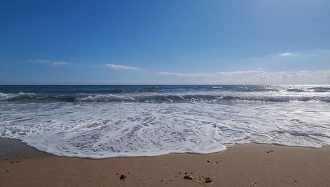 Sunlit ocean waves rolling onto sandy beach with foamy surf and horizon