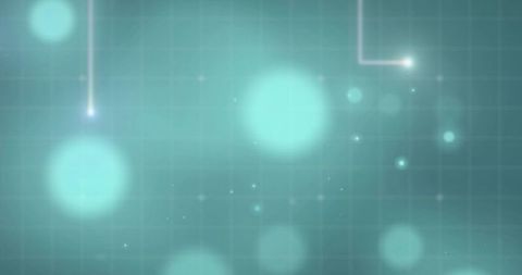 Glowing teal orb casting soft bokeh over digital grid with neon streaks and specks