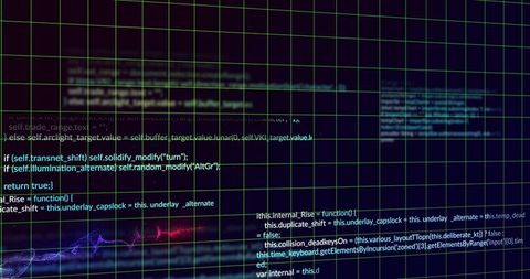 Glowing Code Editor Under Neon Green Grid Overlay with Syntax Highlighting and Waveform