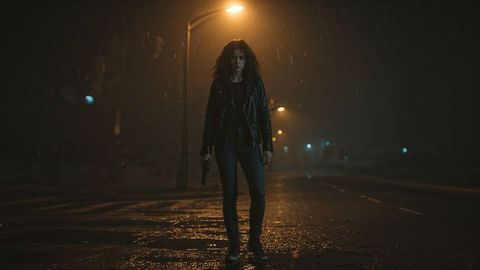 Moody night scene with female burglar in leather jacket holding gun in rain