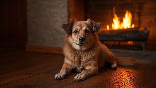 Golden dog lounging by fireplace on wooden floor, warm cozy hearth and rustic interior