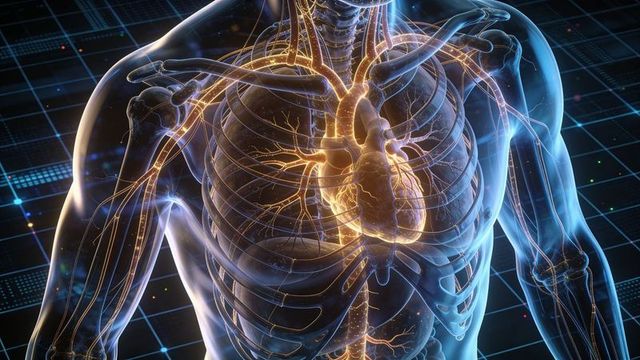 Illuminating heart and vascular network in translucent torso over futuristic digital grid