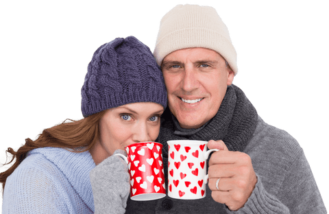 Transparent Winter Scene: Happy Couple Enjoying Warm Drinks