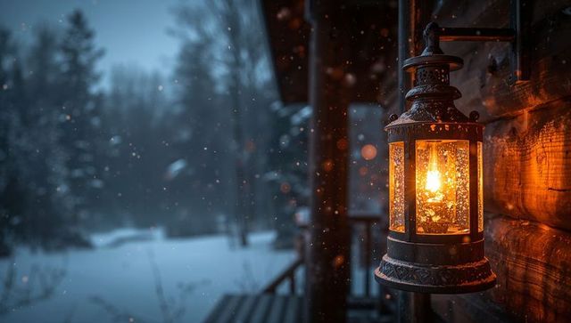 Antique lantern casting warm glow on snowy cabin porch at twilight