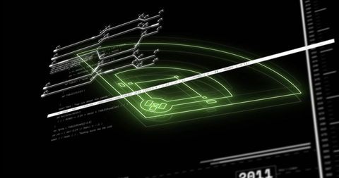 Neon baseball hud schematic with cyberpunk interface and glowing green code overlay