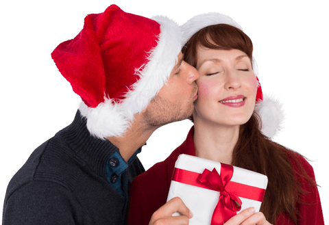 Happy Couple Sharing a Christmas Gift with Transparent Background