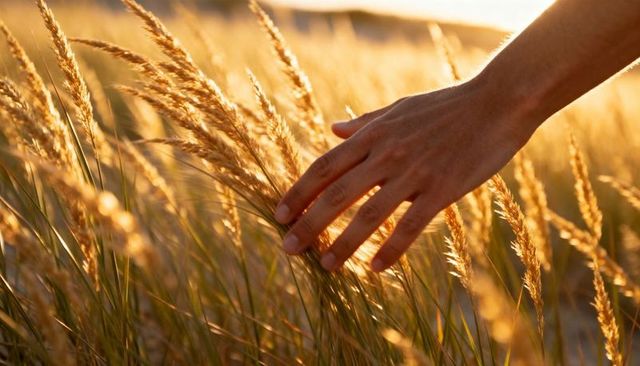 Hand brushing through golden dune grasses at sunset, warm backlit texture