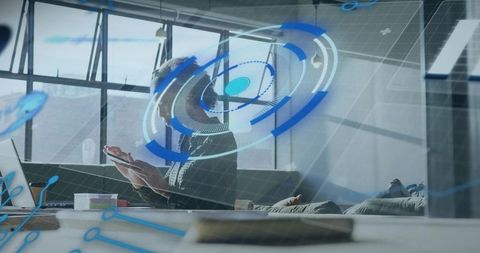 Innovative Connecting with Futuristic Holographic Interface in Lounge