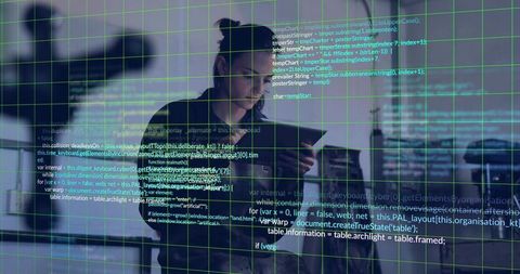 Woman analyzing code overlay on office glass with teal gridlines and cityscape backdrop