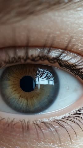 Vertical macro video of hazel eye blinking and adjusting iris to window light reflection