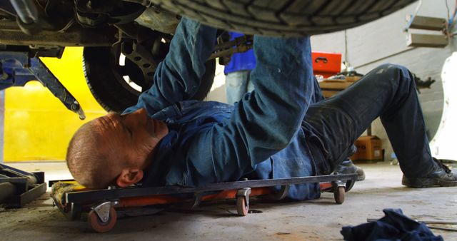 Mechanic Sliding Under Car Repairing Engine in Workshop - Download Free Stock Images Pikwizard.com