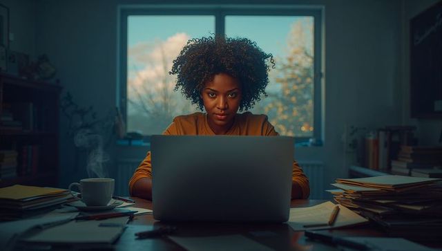 Focused Woman Using Laptop at Cozy Home Study Desk