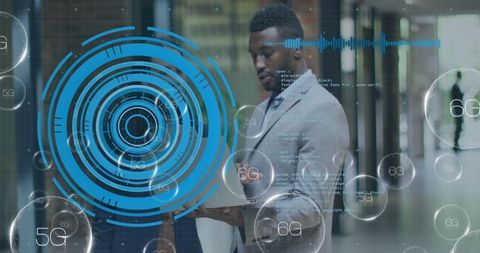 Professionals Using Holographic Interfaces in Futuristic Office