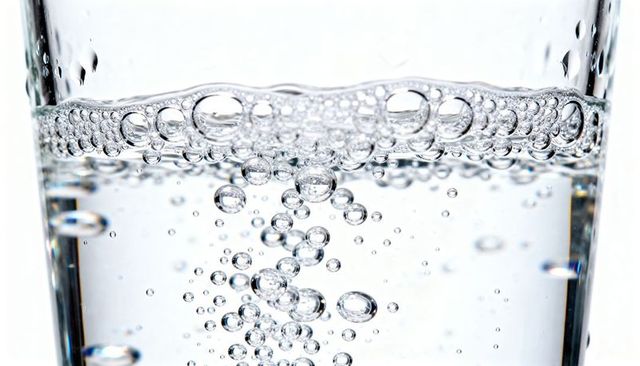 Sparkling water bubbles rising in clear glass macro with refraction and effervescence