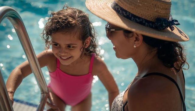 Mother supervising daughter climbing pool ladder in pink swimsuit by sparkling pool water