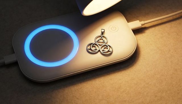 Wireless charging pad glowing blue led with silver interlocking-circle pendant under warm lamp