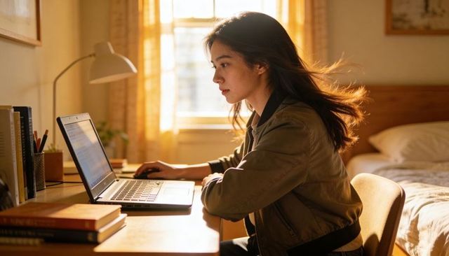 Sunlit bedroom workspace with asian woman typing on laptop, focusing on remote study