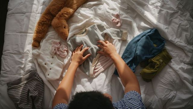 Parent arranging baby onesie on bed overhead view soft morning light cozy nursery moment