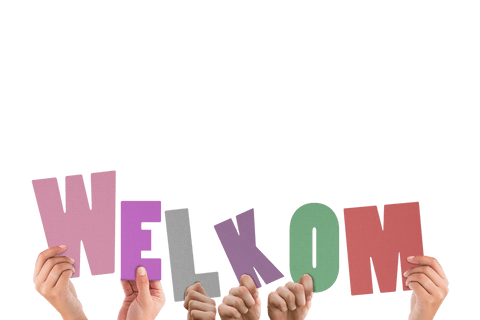 Hands holding welcome message on transparent background