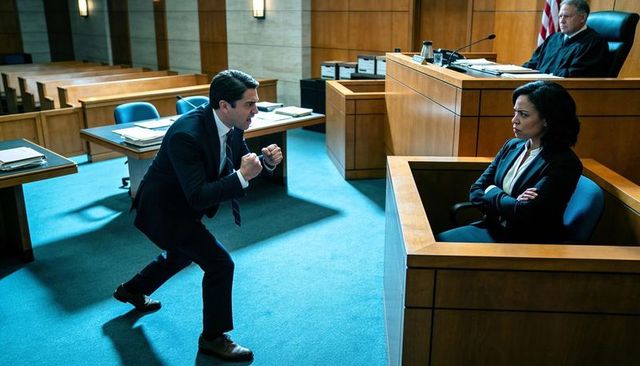 Tense courtroom confrontation: attorney arguing and leaning toward witness during trial