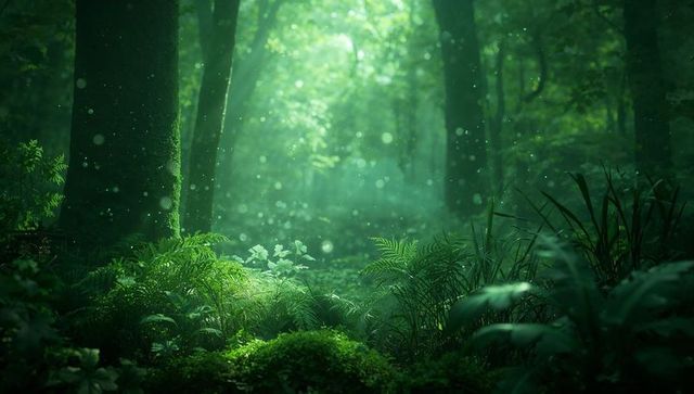 Sunlight Filtering Through Canopy, Mossy Forest Floor Glowing with Ferns and Misty Beams