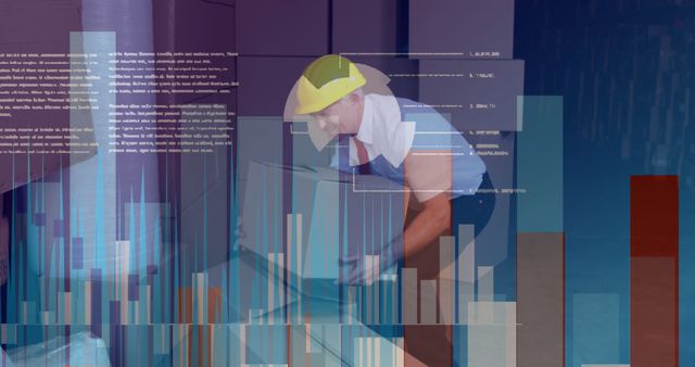 Warehouse worker handling boxes with overlay of data charts representing logistics and technology integration. Useful for topics related to logistics, warehouse operations, labor, transportation, and the impact of modern technology on traditional industries.