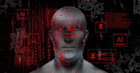 Synthetic AI Avatar With Red Cyber Threat Overlays Showing Malware, Virus and Data Breach