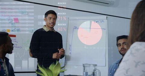 Young professional presenting data analytics with pie chart during team meeting