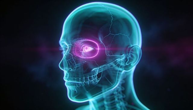 Rotating Holographic Skull with Glowing Magenta Orbital Eye Ring and Neon Cervical Spine