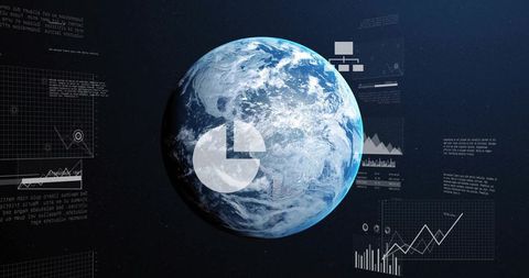 Displaying Earth with Data Visualization HUD and Global Analytics Overlay in Orbit