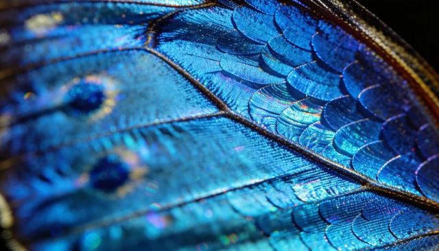 Iridescent blue butterfly wing macro showing scales, veins and eyespots
