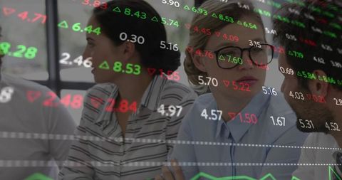 Corporate team discussing live market data with financial charts and stock quote overlay
