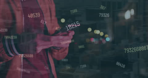 Man Typing on Smartphone with Digital Numbers Overlay
