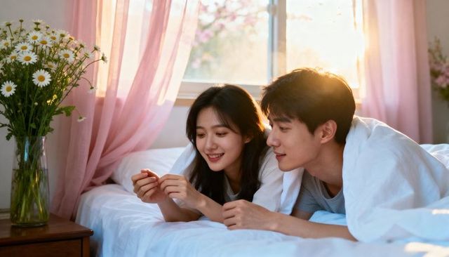 Sunlit couple lying on bed sharing trinket, cozy romantic morning with daisies