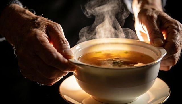 Cradling senior hands holding steaming herbed broth in white bowl warm low-key closeup