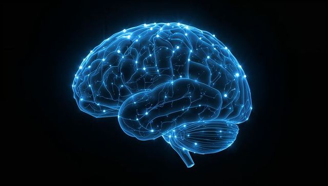 Holographic 3D Brain Visualization Showing Glowing Neural Network, Synapses and Cerebellum