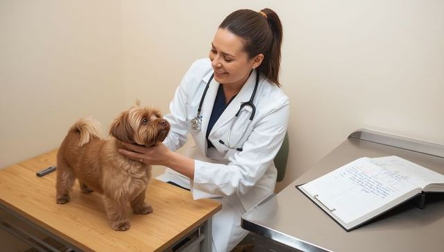 Caring veterinarian examining brown dog in clinic