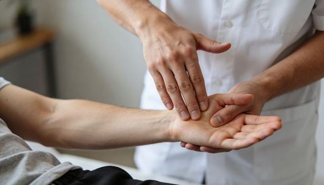 Clinician checking patient's wrist pulse during hands-on medical examination closeup