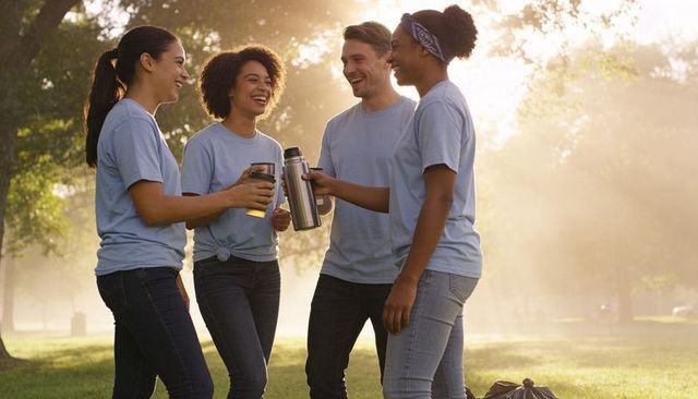 Volunteer team sharing drinks and laughter during park cleanup morning