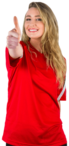 Smiling Woman in Red Football Jersey with Thumbs Up on Transparent Background