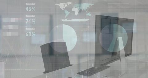 Futuristic Business Analytics Interface Overlaying Empty Office Desk - Download Free Stock Images Pikwizard.com
