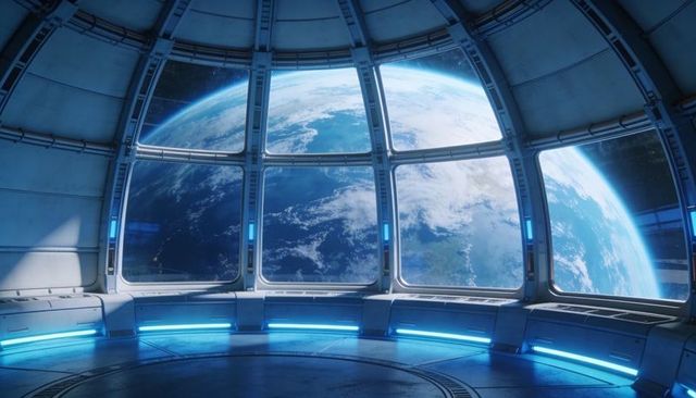 Viewing earth through panoramic orbital observation dome with glowing blue led accents